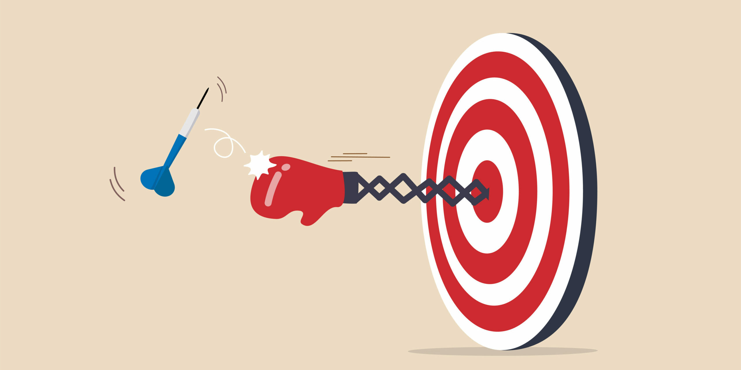 Tough time or career struggle, trouble, difficulty or obstacle to achieve business target, hard situation to losing competition, boxing glove come out of dartboard bullseye to punch dart from target.