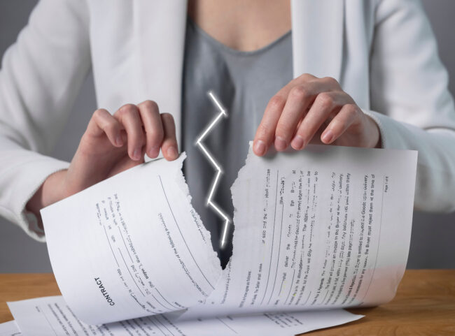 Torn contract in hands. Terminated agreement concept. Ripping paper document and breaching rules