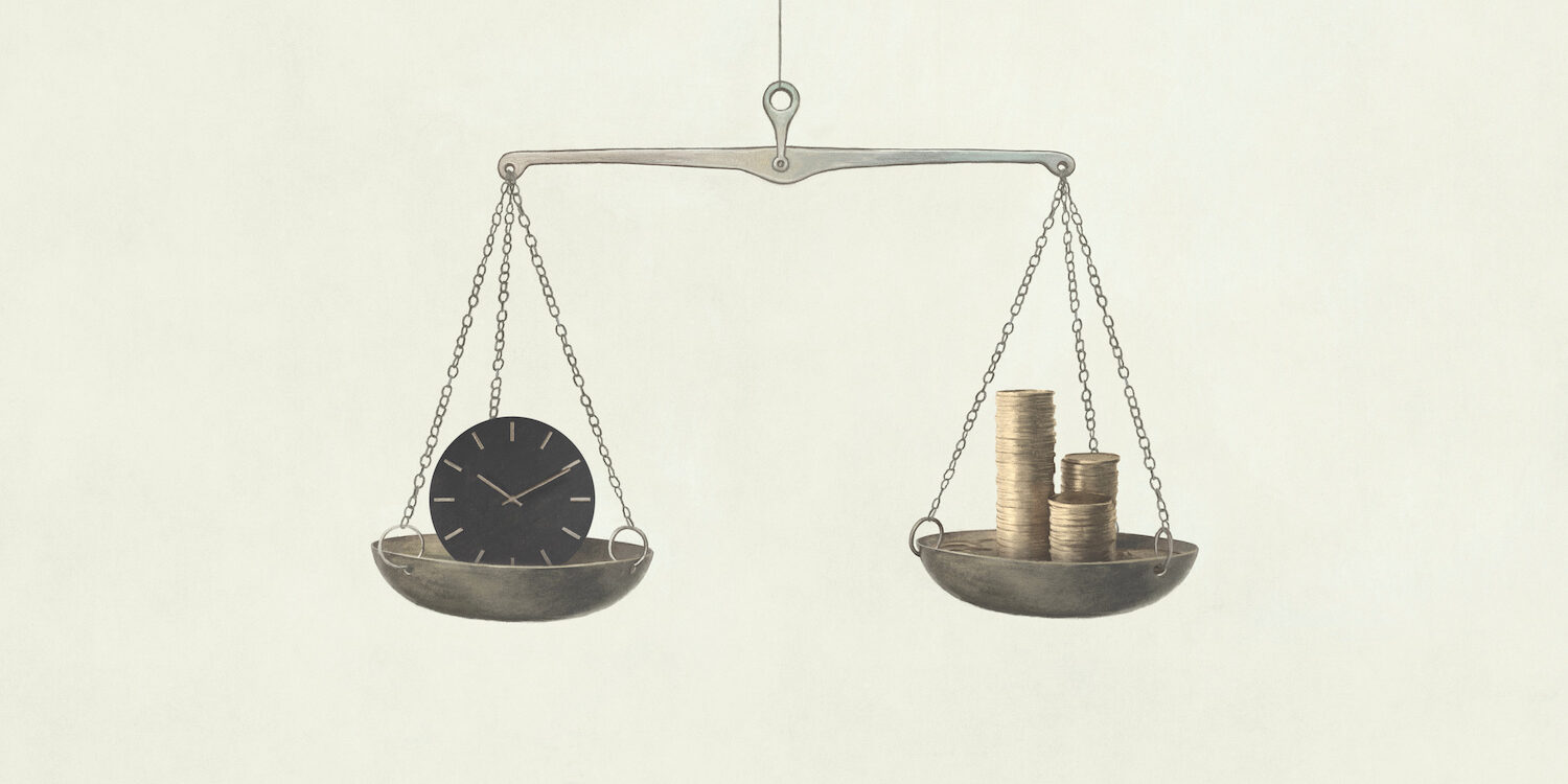 Illustration of comparison between time and money, surreal business concept indemnité faible durée contrat