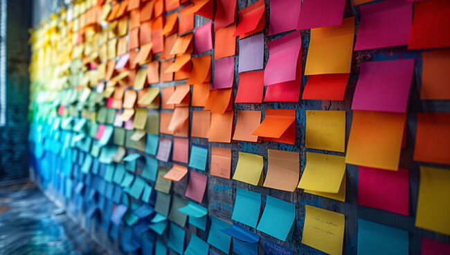A vibrant wall covered with colorful sticky notes, representing
