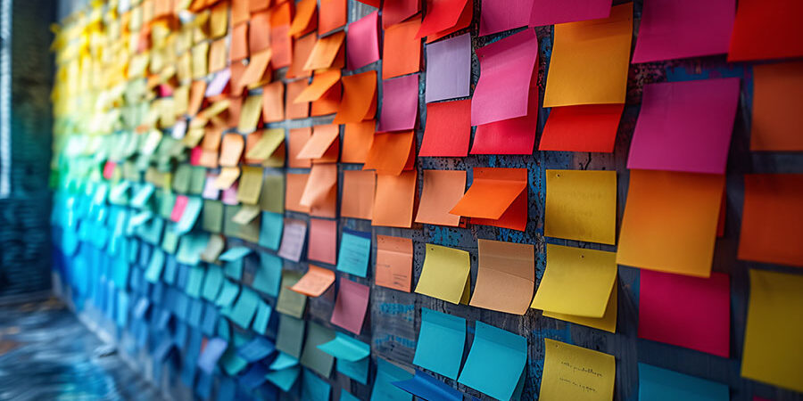 A vibrant wall covered with colorful sticky notes, representing